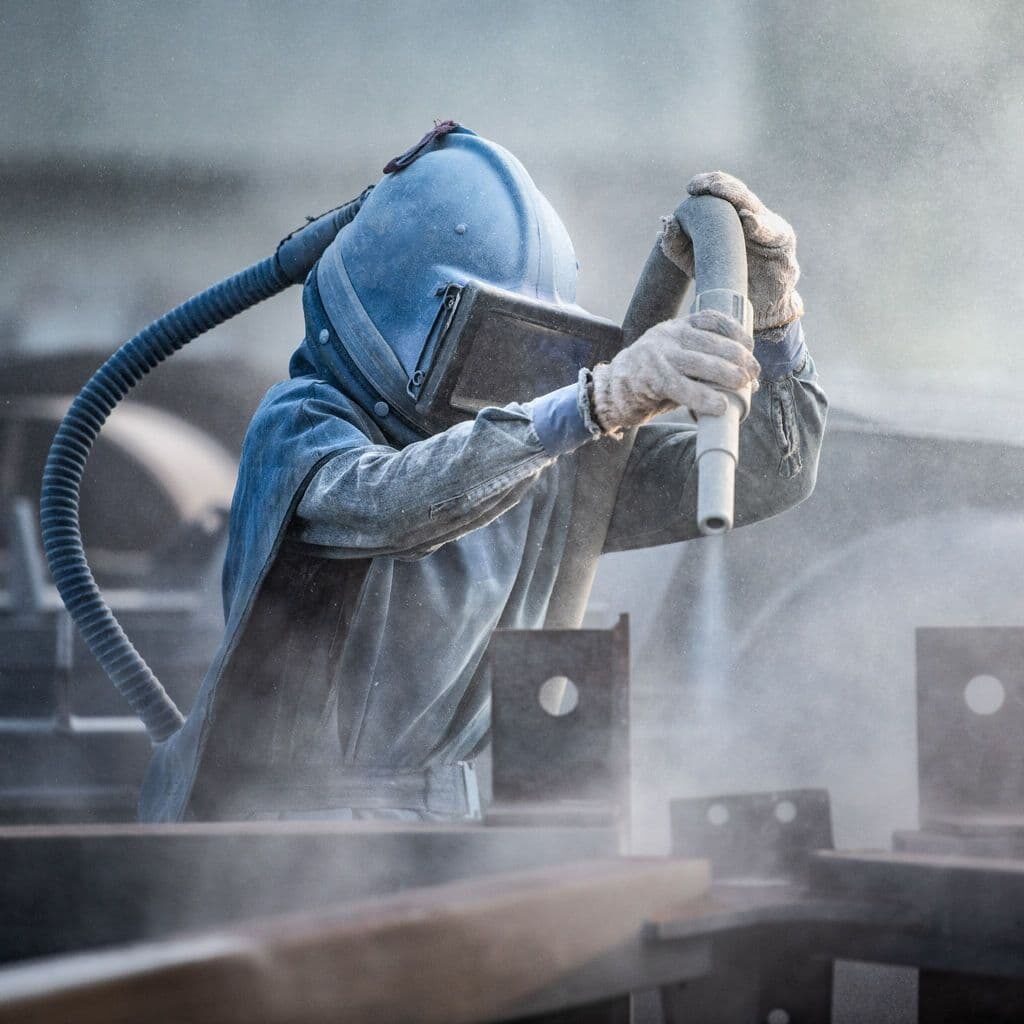 Support Lines employee performing industrial painting work, representing Aramco-approved painting yard in Dammam